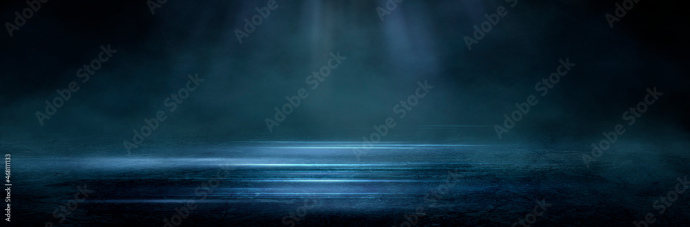 Dark street, wet asphalt, reflections of rays in the water. Abstract dark blue background, smoke, smog. Empty dark scene, neon light, spotlights. Concrete floor Dark street, wet asphalt, reflections of rays in the water. Abstract dark blue background, smoke, smog. Empty dark scene, neon light, spotlights. Concrete floor
