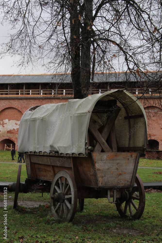 old carriage at the walls of the old castle in the park