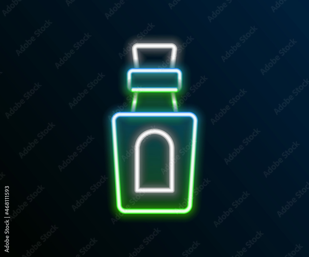 Glowing neon line Bottle with potion icon isolated on black background. Flask with magic potion. Happy Halloween party. Colorful outline concept. Vector Glowing neon line Bottle with potion icon isolated on black background. Flask with magic potion. Happy Halloween party. Colorful outline concept. Vector