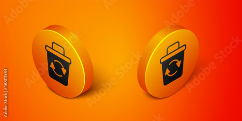 Isometric Recycle bin with recycle symbol icon isolated on orange background. Trash can icon. Garbage bin sign. Recycle basket sign. Orange circle button. Vector