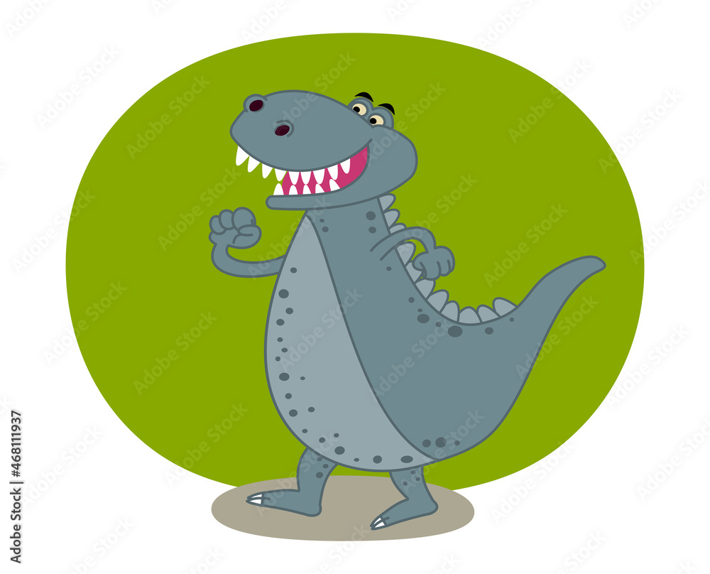 Obraz premium Smiling grey crocodile dinosaur with large pointed teeth with green decoration