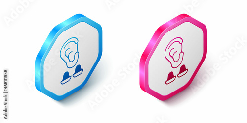 Isometric Earplugs and ear icon isolated on white background. Ear plug sign. Noise symbol. Sleeping quality concept. Hexagon button. Vector