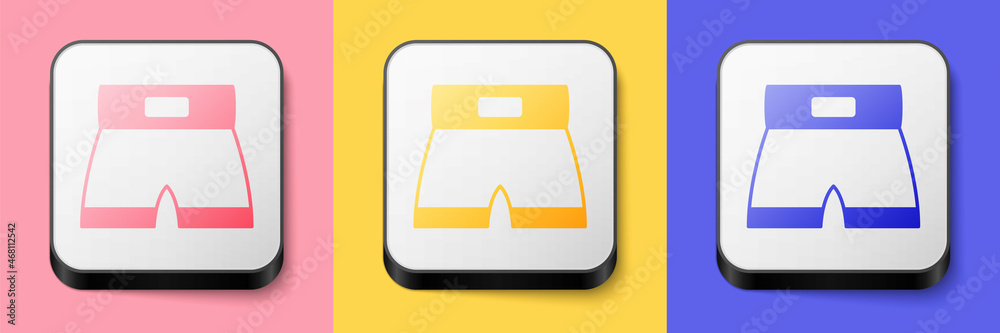 Isometric Boxing short icon isolated on pink, yellow and blue background. Square button. Vector