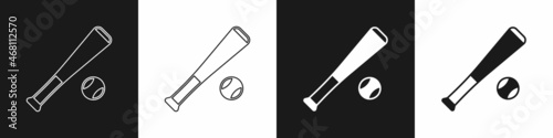 Set Baseball bat with ball icon isolated on black and white background. Vector