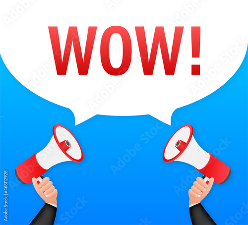 Wow megaphone. Flat vector illustration. Announce promotion offer. People communicate