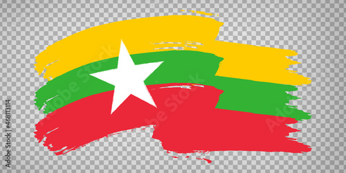 Flag of Myanmar from brush strokes. Waving Flag of Myanmar on transparent background for your web site design, app, UI. Stock vector. EPS10.