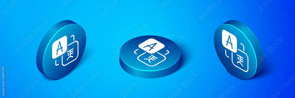 Isometric Translator icon isolated on blue background. Foreign language conversation icons in chat speech bubble. Translating concept. Blue circle button. Vector Isometric Translator icon isolated on blue background. Foreign language conversation icons in chat speech bubble. Translating concept. Blue circle button. Vector