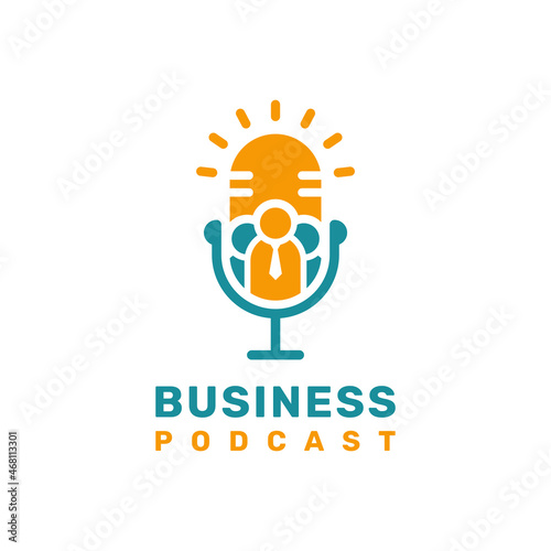 Business motivation podcast logo vector with businessman and microphone symbol