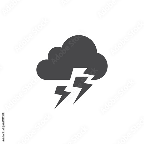 Thunderstorm weather black vector icon. Cloud and lightning bolt, t storm symbol.