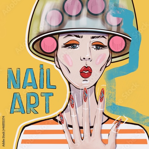 The face of a girl with curlers on her hair and a hand with a beautiful manicure. Illustration for the print