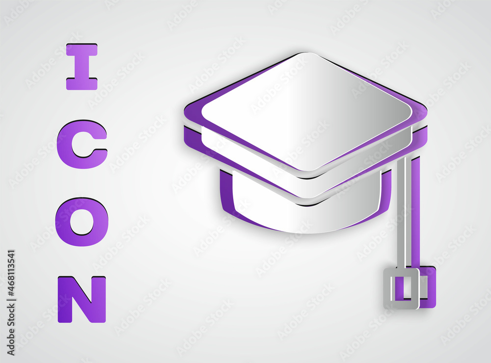 Paper cut Graduation cap icon isolated on grey background. Graduation hat with tassel icon. Paper art style. Vector Paper cut Graduation cap icon isolated on grey background. Graduation hat with tassel icon. Paper art style. Vector