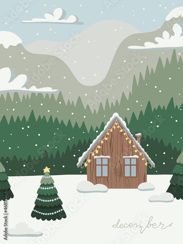 December calendar vector illustration with winter view, Christmas tree and cabin 