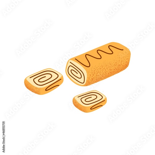 Swiss roll cake from sponge dough, chocolate cream and topping. Sweet baked dessert. Yummy swirled pastry. Colored flat graphic vector illustration of bakery isolated on white background