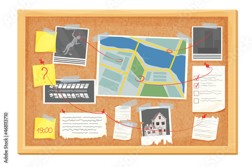 Detective investigation cork board, work place in cartoon style isolated on white background. Mystery photo, map, police mind plan 