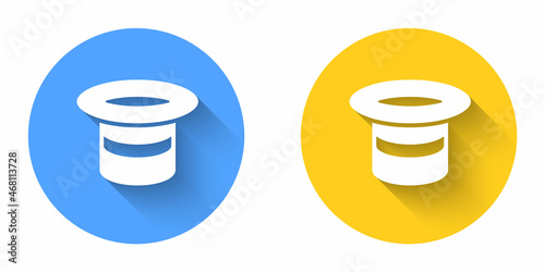 White Magic hat icon isolated with long shadow background. Magic trick. Mystery entertainment concept. Circle button. Vector