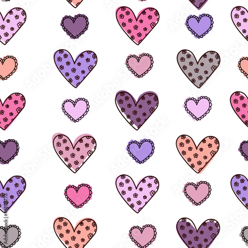 Hand drawn cute doodle black hearts with flowers white seamless love pattern. For Valentine's Day, weddings.