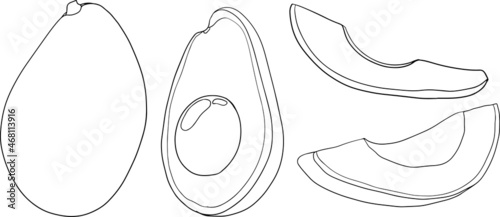 Avocado icons. Whole fruit or vegetables, half, slices, with a large seed. Food for a healthy diet. Vector coloring pages.