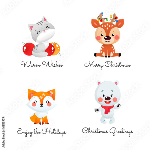Fototapeta Naklejka Na Ścianę i Meble -  Set of winter holidays greetings with cute cartoon animals. Christmas illustrations of a little deer, a gray kitten, a polar bear and a red foxy in winter isolated on a white background.