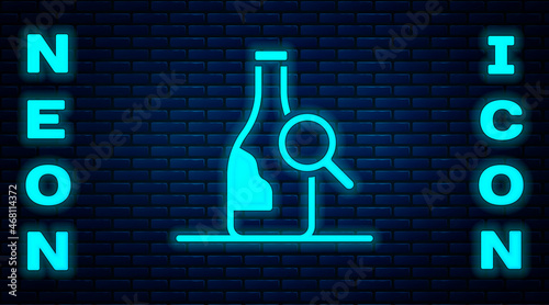 Glowing neon Bottle of wine icon isolated on brick wall background. Details about wine. Vector
