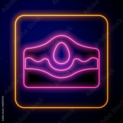 Glowing neon Acne icon isolated on black background. Inflamed pimple on the skin. The sebum in the clogged pore promotes the growth of a bacteria. Vector