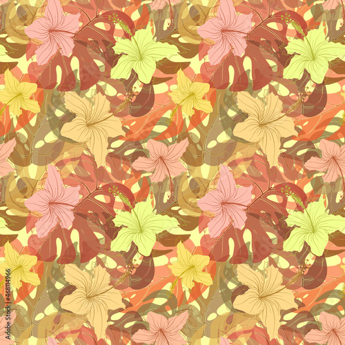 Hibiscus flowers and monstera leaves irregular seamless pattern. Toss repeat floral tropical endless texture. Exotic pastel boundless background. Summer paradise plants random repeat surface design