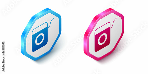 Isometric Dental floss icon isolated on white background. Hexagon button. Vector