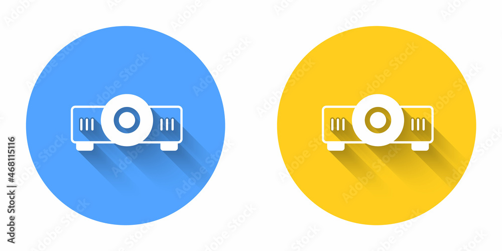 White Presentation, movie, film, media projector icon isolated with long shadow background. Circle button. Vector White Presentation, movie, film, media projector icon isolated with long shadow background. Circle button. Vector