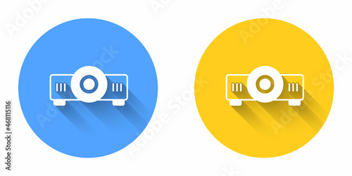 White Presentation, movie, film, media projector icon isolated with long shadow background. Circle button. Vector