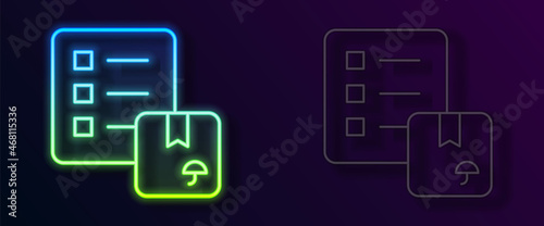 Glowing neon line Verification of delivery list clipboard icon isolated on black background. Vector