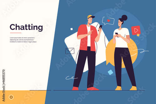 Vector illustration depicting a young couple chatting using mobile phones. Editable stroke