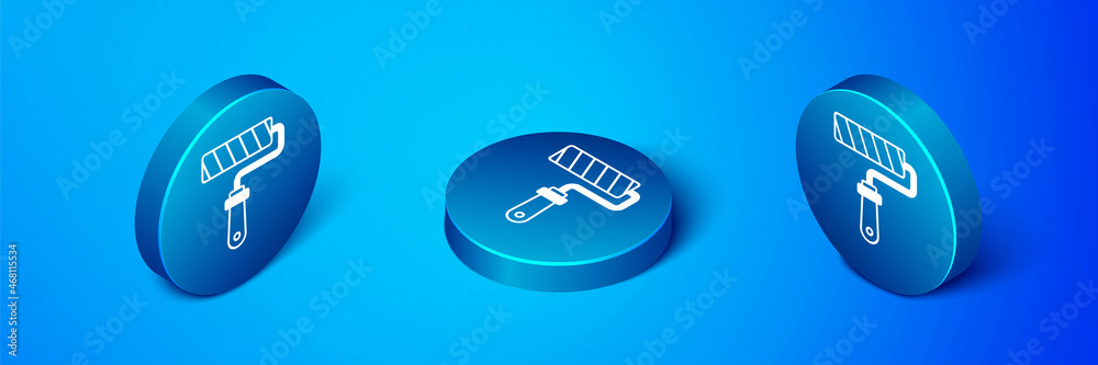 Isometric Paint roller brush icon isolated on blue background. Blue circle button. Vector Isometric Paint roller brush icon isolated on blue background. Blue circle button. Vector