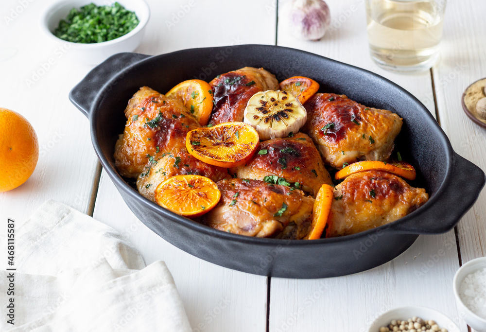 Baked chicken with oranges, garlic and mint. Recipe. Baked chicken with oranges, garlic and mint. Recipe.