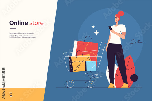 Vector illustration depicting a young woman with phone and shopping cart on the subject of sale, promotions, online shopping. Editable stroke