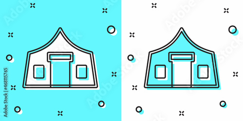 Black line Tourist tent icon isolated on green and white background. Camping symbol. Random dynamic shapes. Vector