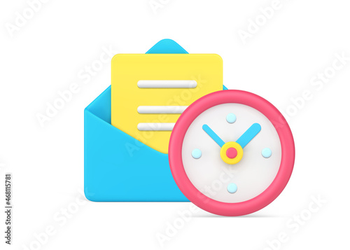 Send email time notification timer alarm clock 3d vector illustration. Texting message letter blank