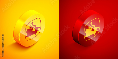 Isometric Canada map icon isolated on orange and red background. Circle button. Vector © Kostiantyn