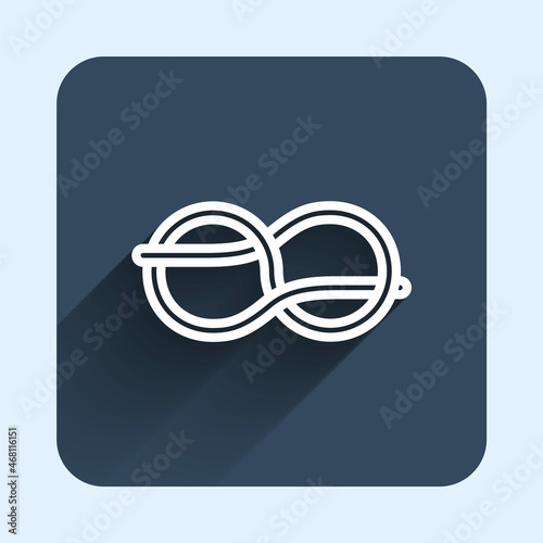 White line Nautical rope knots icon isolated with long shadow background. Rope tied in a knot. Blue square button. Vector