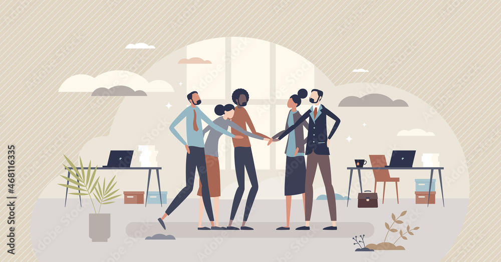 Company culture ideology and multicultural business values tiny person concept. Professional work goals, attitudes and practices vector illustration. Multiracial job community and unity principles. - obrazy, fototapety, plakaty 