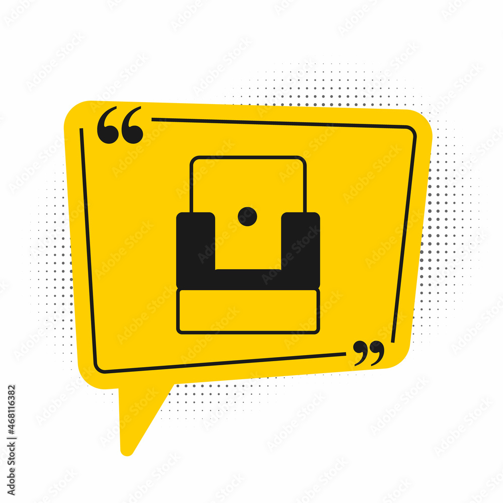 Black Cinema chair icon isolated on white background. Yellow speech bubble symbol. Vector Black Cinema chair icon isolated on white background. Yellow speech bubble symbol. Vector
