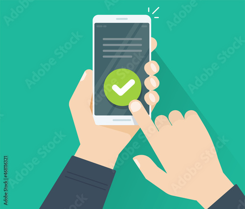 Answering vote question on cellphone vector or phone approval acceptance checkmark on survey online quiz and complete action flat cartoon, concept of approved poll tick check mark or complete quiz