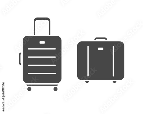 Travel luggage bags icon vector or baggage suitcases pictograms isolated, handbag cases symbol tag for airport claim, tourism trolley briefcase black gray clipart illustration set on white background