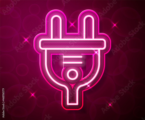 Glowing neon line Electric plug icon isolated on red background. Concept of connection and disconnection of the electricity. Vector