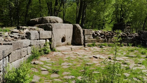 The North Caucasus. Megalithic dolmen in the valley of the river Zhane. Aerial view.