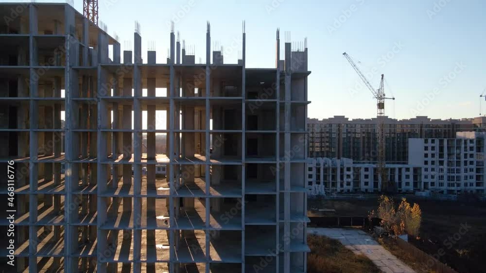Concrete cells of the new multi apartment house. Aerial footage from construction site Concrete cells of the new multi apartment house. Aerial footage from construction site