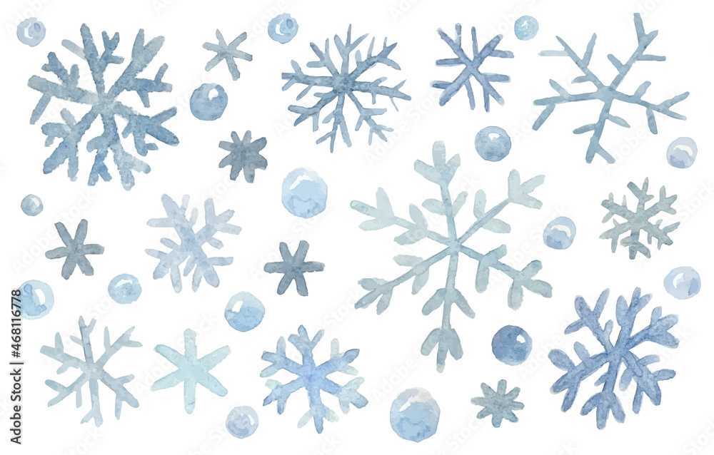 Hand painted blue watercolor snowflakes set isolated on white background, vector illustration Hand painted blue watercolor snowflakes set isolated on white background, vector illustration