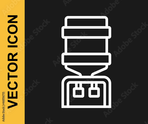 White line Water cooler for office and home icon isolated on black background. Water dispenser. Bottle office, plastic and liquid. Vector