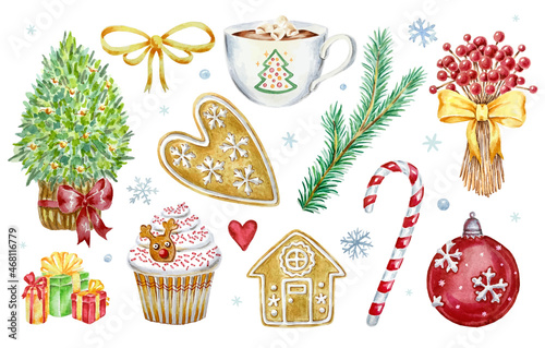 Watercolor winter set of Christmas ements isolated on white background. Hand painted Christmas tree, gift boxes, ornaments, cup of hot cocoa with marshmellows, gingerbread house, cupcake, candycane
