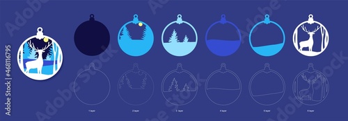Christmas tree ball template for laser cut with layers. New Year decoration with deer, winter landscape and moon. Wooden coloring toy. Vector illustration.