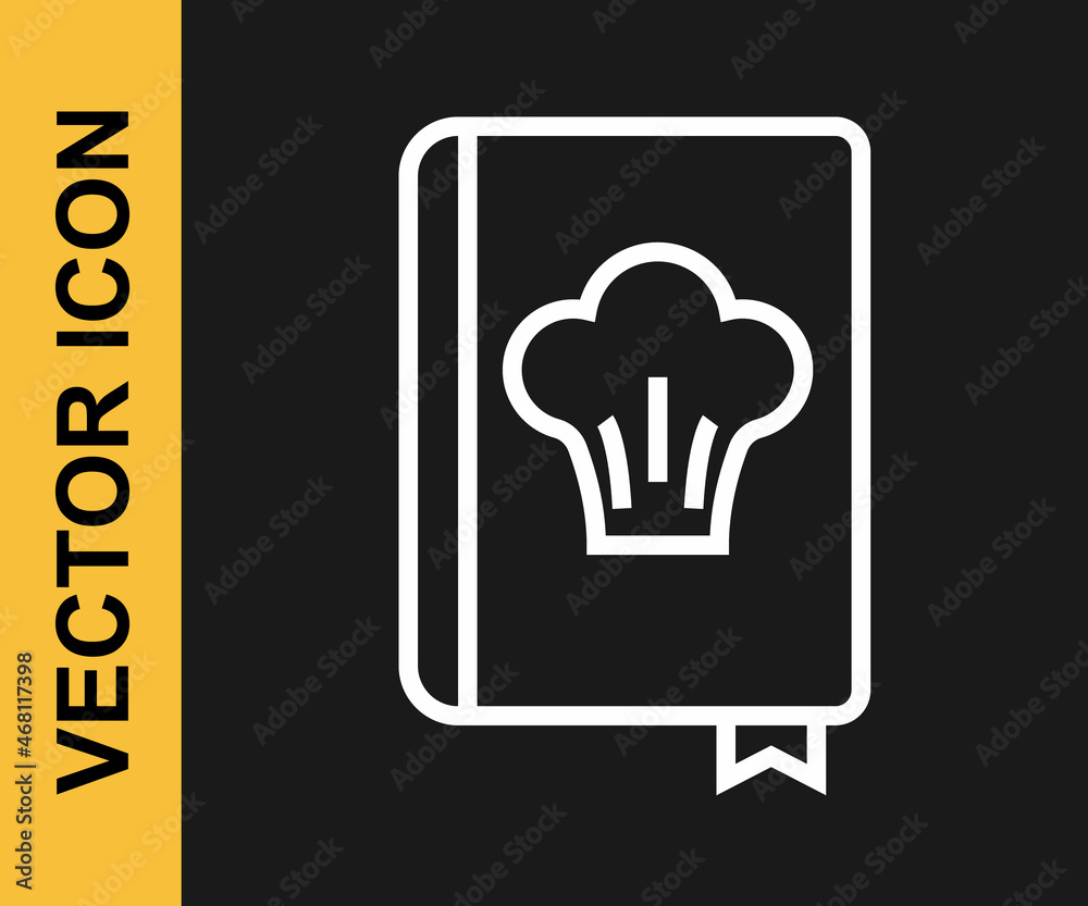 White line Cookbook icon isolated on black background. Cooking book icon. Recipe book. Fork and knife icons. Cutlery symbol. Vector White line Cookbook icon isolated on black background. Cooking book icon. Recipe book. Fork and knife icons. Cutlery symbol. Vector