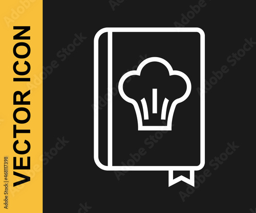 White line Cookbook icon isolated on black background. Cooking book icon. Recipe book. Fork and knife icons. Cutlery symbol. Vector